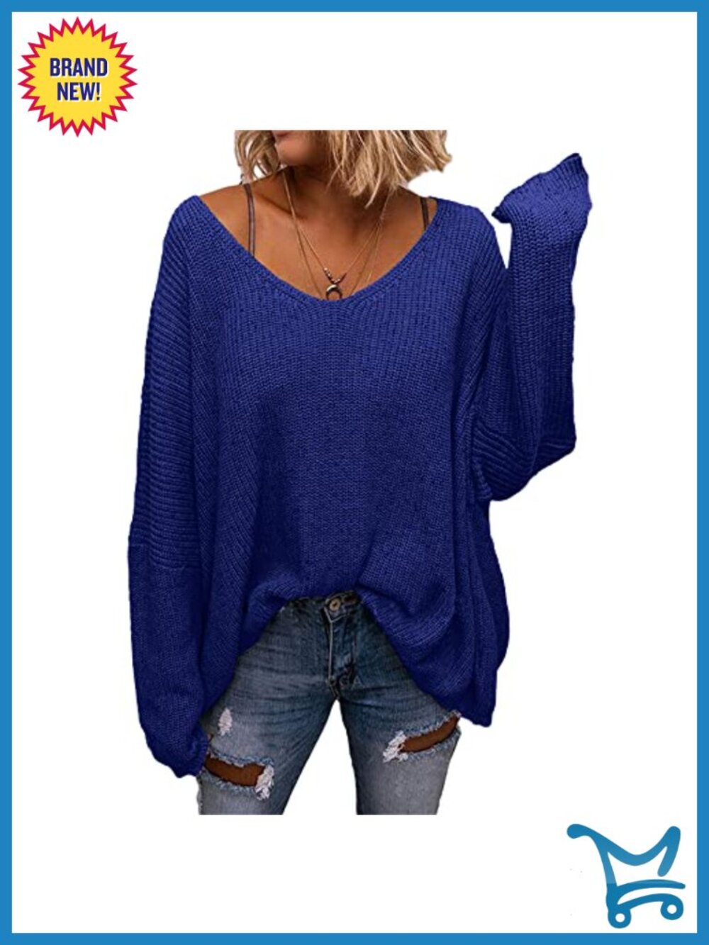 Waffle Knit V-Neck Oversized Pullover Sweater Long Sleeve